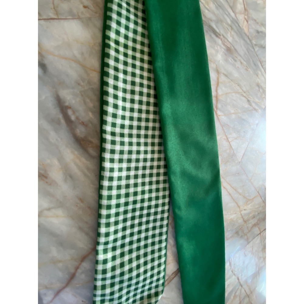 Green White Gingham Reversible Skinny Scarf Emerald Satin Hair Ribbon Necktie - Picture 3 of 9
